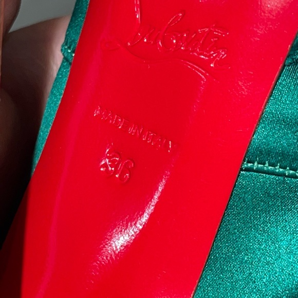 Satin Green Christian Louboutin Open Toe Knotted Platform Heels - Picture 5 of 7